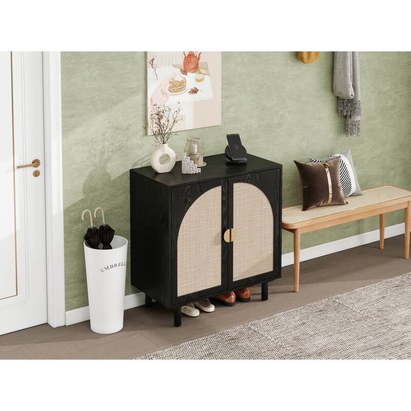 Rattan Decorative Cabinet Dining Cabinet with Semicircular Metal Handles, Rustic Credenza Console Cabinet