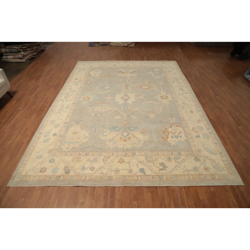 Hand Knotted Oriental 100% Wool Carpet Transitional All-Over Greys & Charcoal Oushak Area Rug - 13' 6'' X 9' 11''