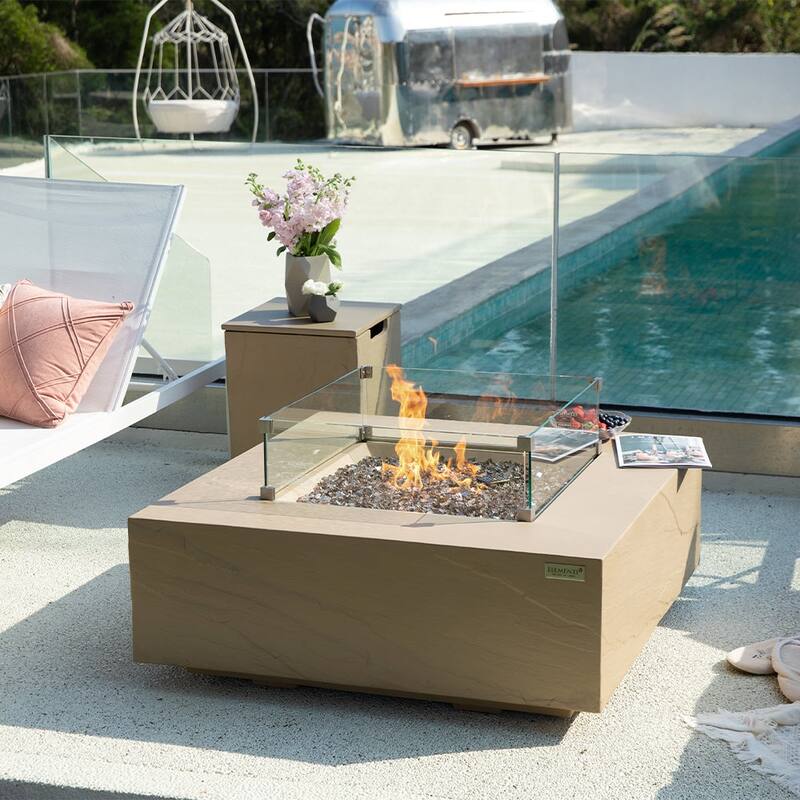 Elementi Plus Capertee Outdoor Fire Pit Table Concrete Square 60000 BTU - 40 x 40 inches with Lid, Fire Glass, and Cover