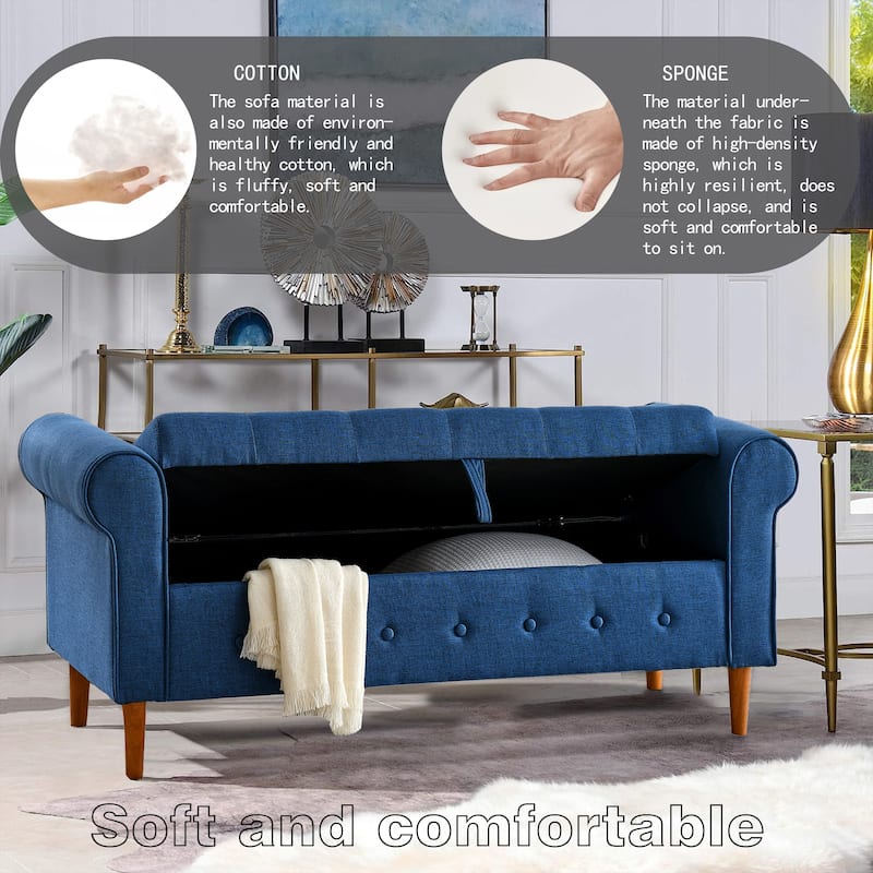 Rolled Arm Tufted Storage Bench, Modern 62" Upholstered Ottoman Window Bench with Wooden Legs for Bedroom, Entryway