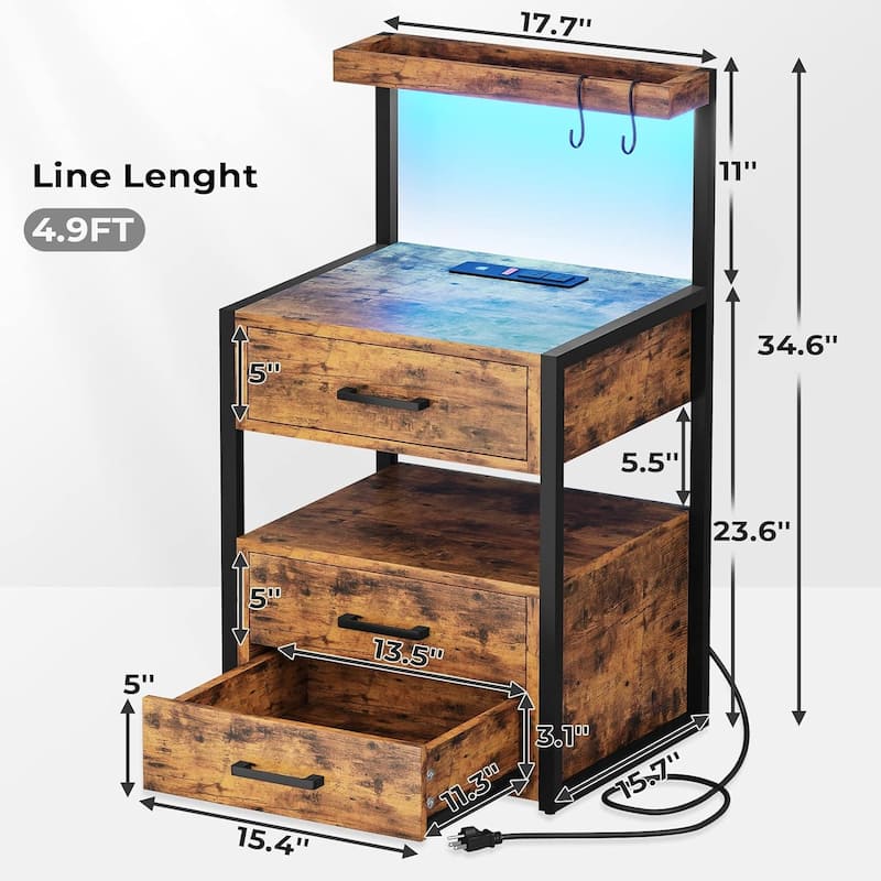 Nightstand Charging Station LED Lights End Table 3 Drawers