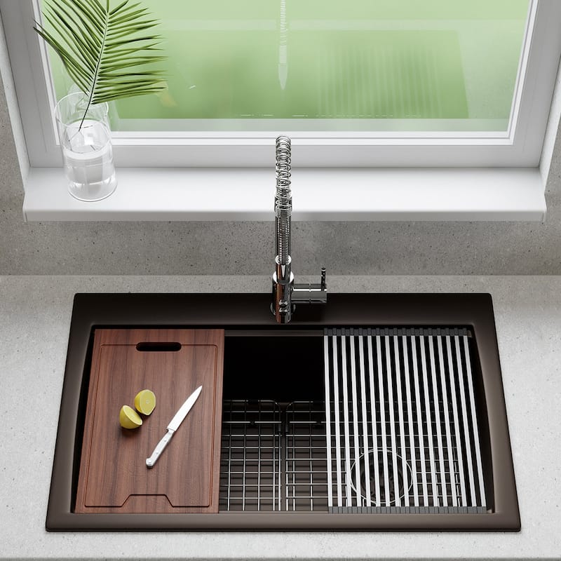 33 Inch Lexicon Platinum Quartz Composite Drop-in Undermount Single Bowl Workstation Galaxy Mocha Kitchen Sink LP-750TM-M