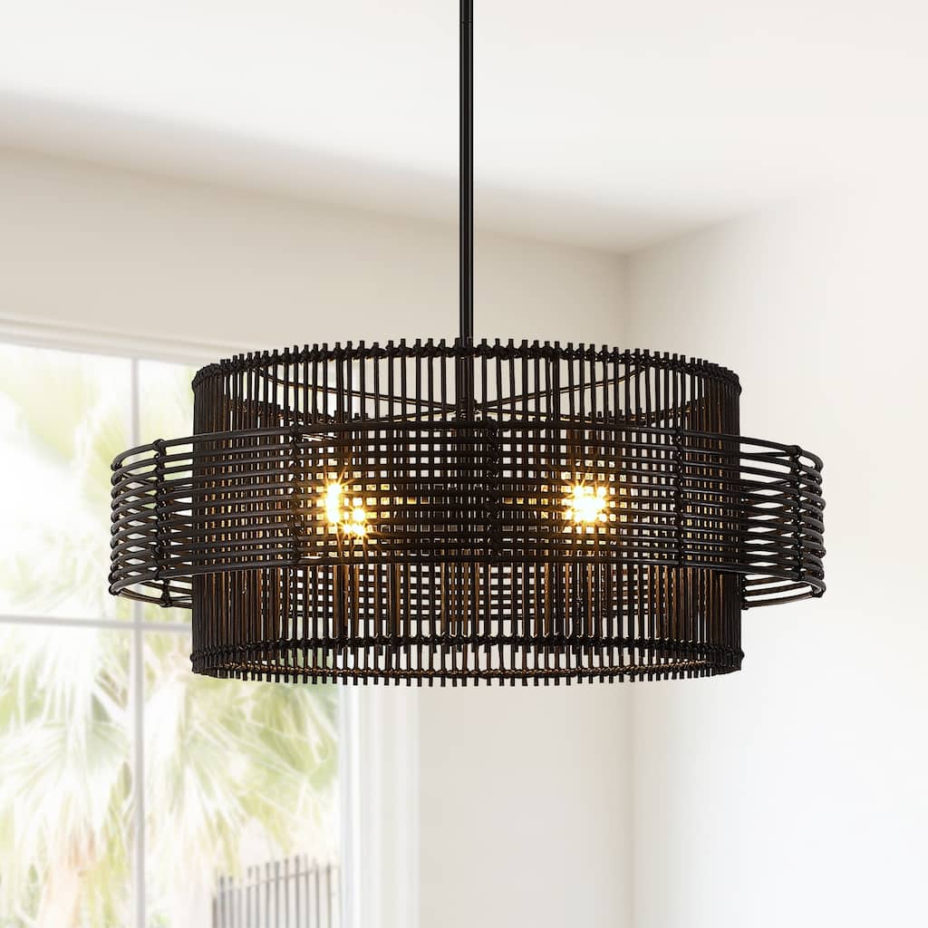 Saturn 4-Light Modern Bohemian Chandelier with Natural Rattan Shade - 22 in. W