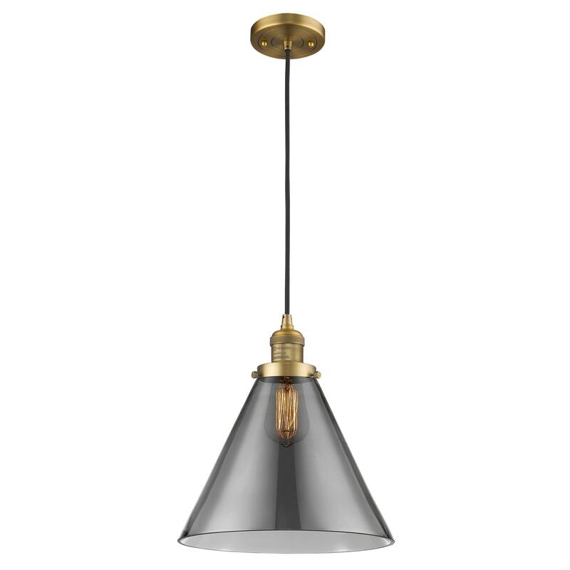 Innovations Lighting Franklin Restoration Cone - 1 Light 12" Cord Hung Mini Pendant - Brushed Brass/Light Smoke