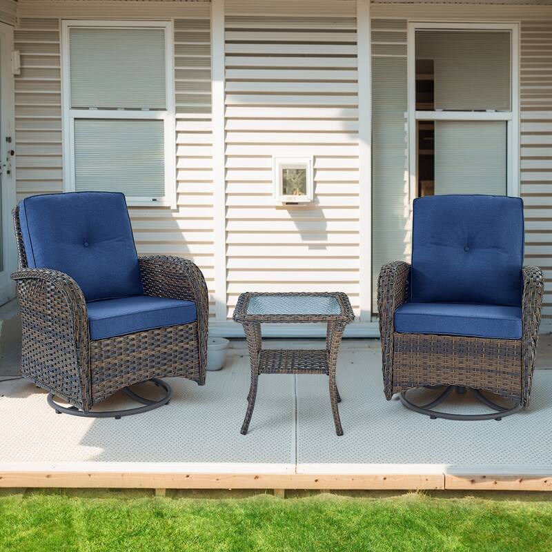Outdoor Swivel Gliders Chair with Tempered Glass Side Table - Brown - Blue