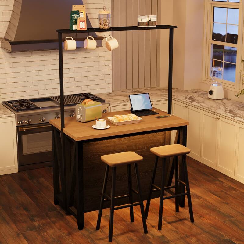 Kitchen Island with Power Outlet & LED Lights, Bakers Rack with Storage, Large Kitchen Island Table with 3 Tier