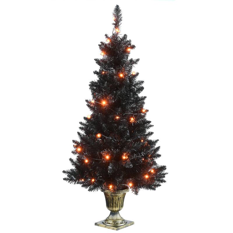 National Tree Company Halloween Black Entrance Tree with String of Orange Lights, 4 feet