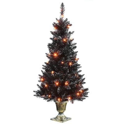 National Tree Company Halloween Black Entrance Tree with String of Orange Lights, 4 feet