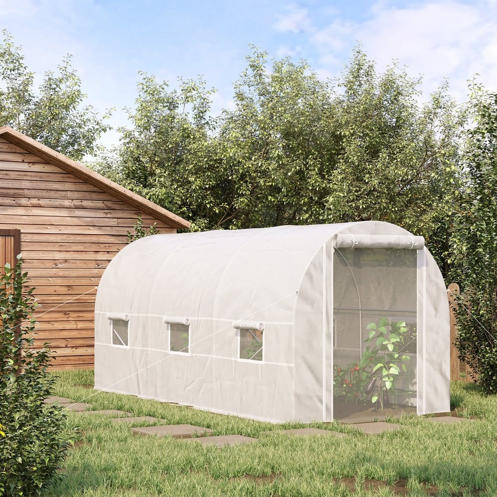 Outsunny 15' x 7' x 7' Walk-In Tunnel Greenhouse, Large Garden Hot House Kit with 6 Roll-up Windows & Roll Up Door - White