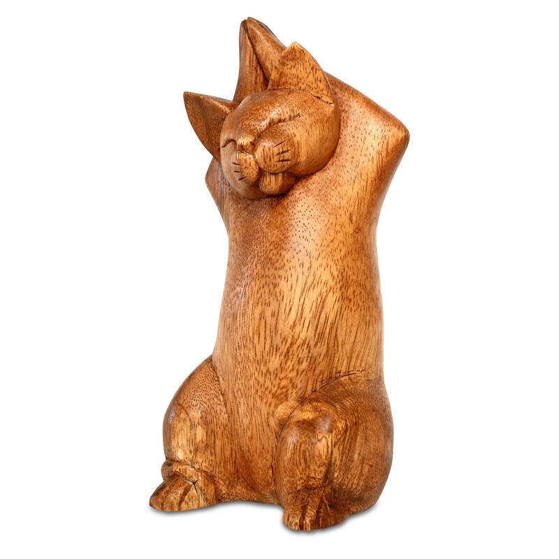 8" Wooden Handmade Hand Carved Yoga Upward Salute Pose Cat Sculpture Statue Home Decor - 8" tall x 4" wide x 3" deep