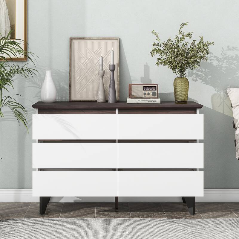 Anmytek White Wood 6 Drawer Dresser Mid Century Bedroom Storage with Tapered Legs