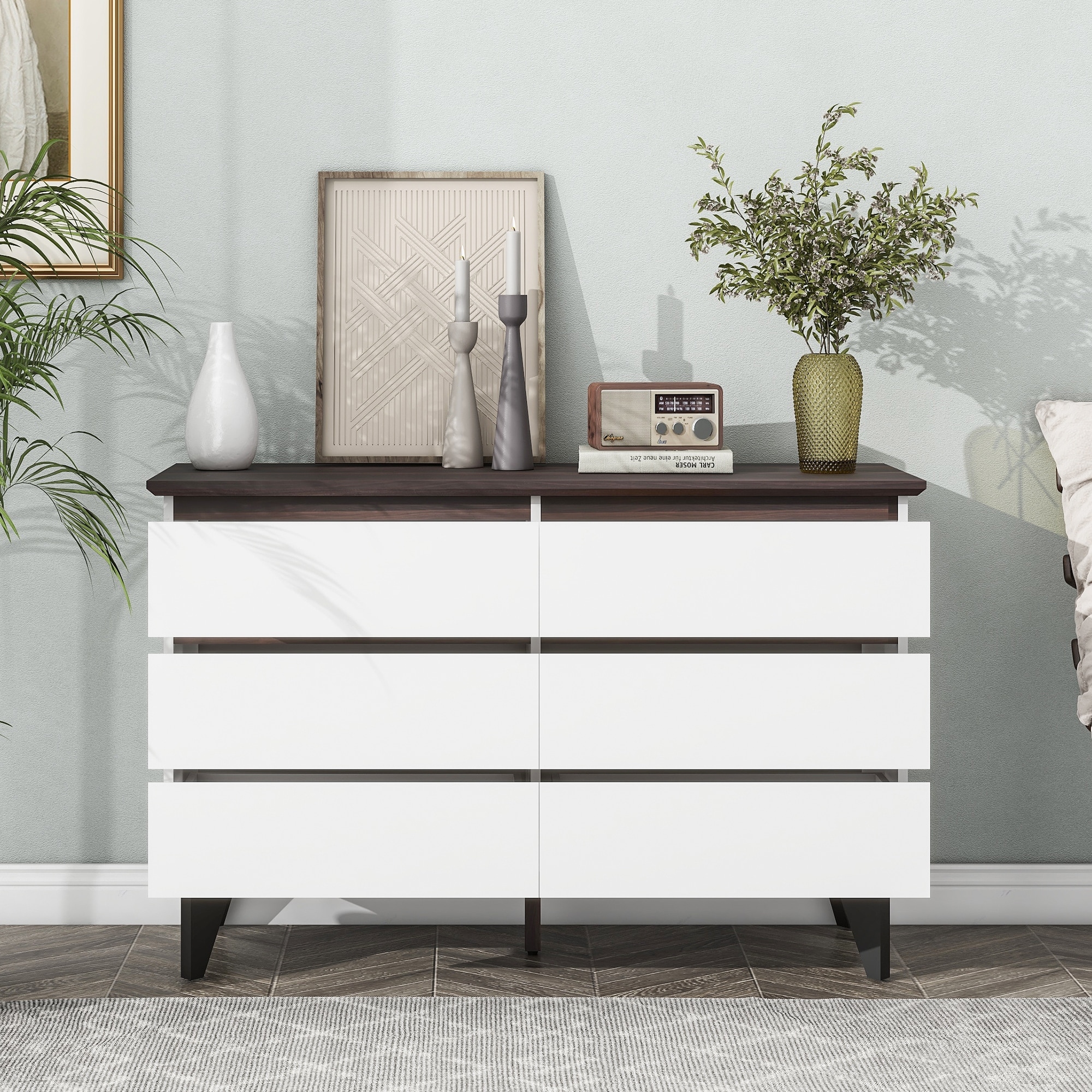 Wide size Drawer Storage Cabinet, 6-drawer Chest of Drawers for Bedroom Living Room, White & Walnut color