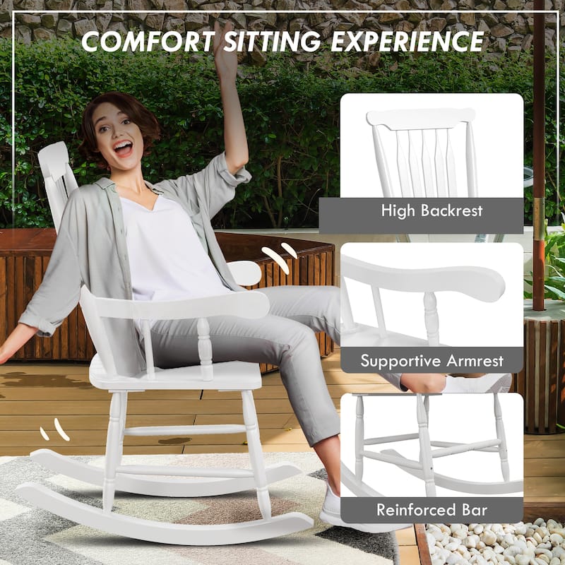 High Back Wood Rocking Chair, All Weather Patio Rocking Chair, 350lbs Weight Capacity for Deck, Porch, Backyard, Garden