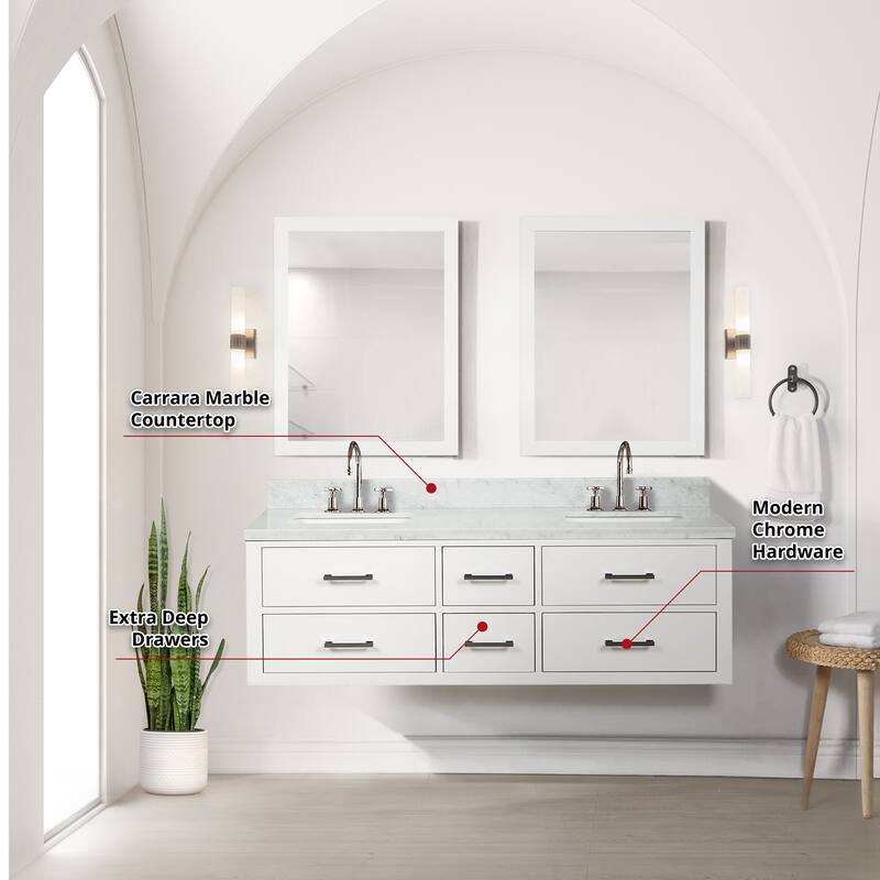 Lexora Castor Double Bath Vanity, Carrara Marble Top, Faucet Set, and Mirrors