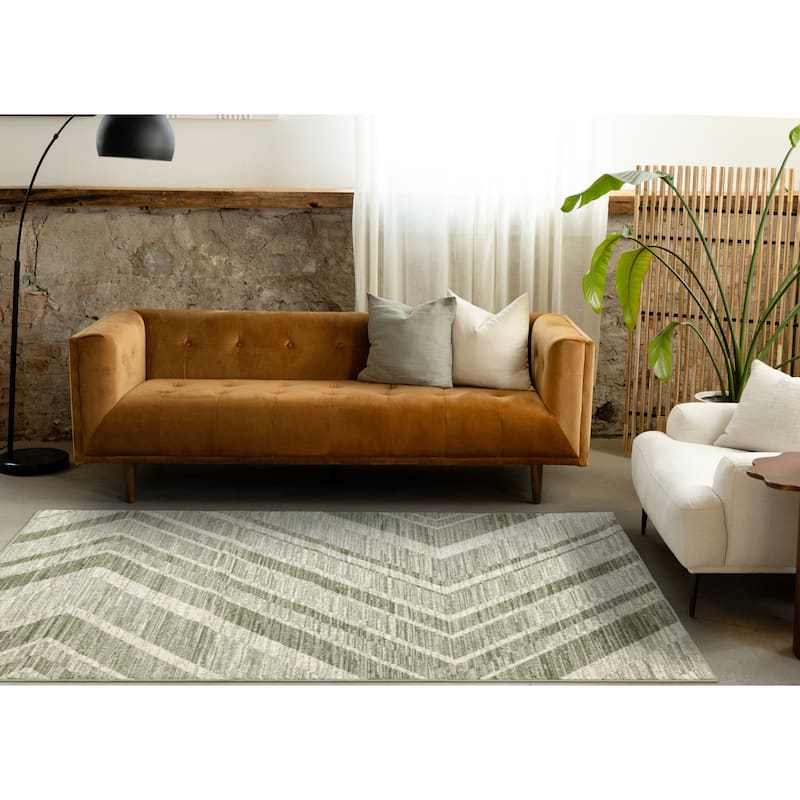 Green Chevron Distressed High Traffic Rug