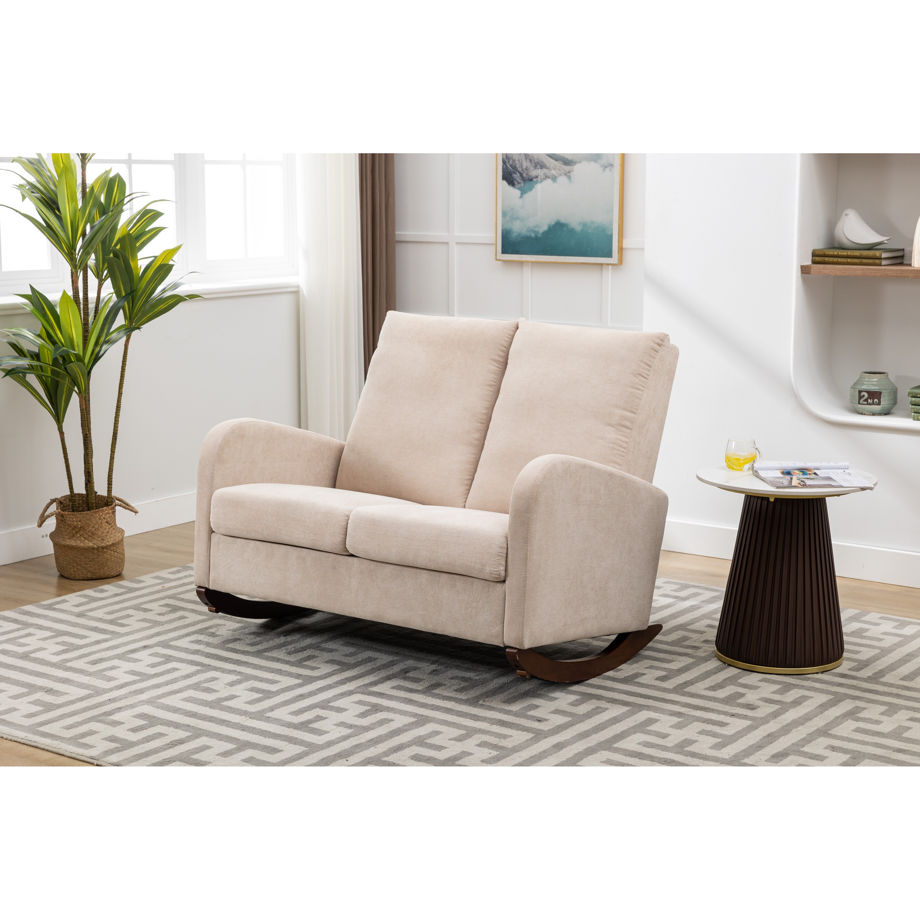 Two Seater Linen Upholstered Rocking Chair High Backrests Cozy Arm Chairs with Two Wood Set of Legs