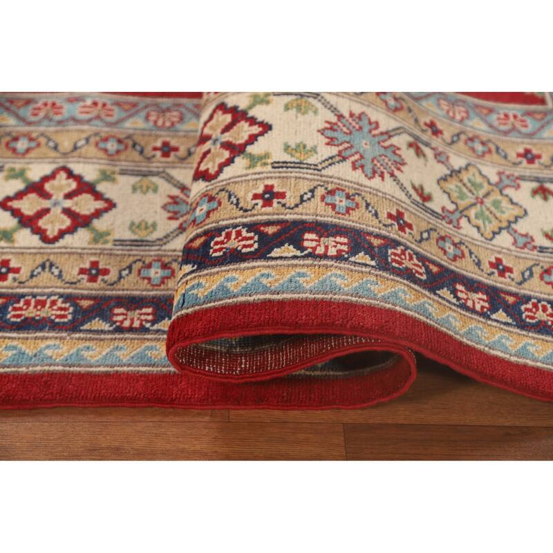 Kazak Oriental Area Rug Hand-Knotted Geometric Red Wool Carpet - 6'6"x 9'10"