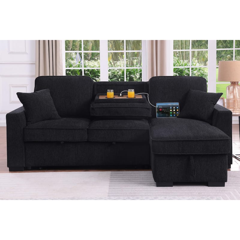 Chenille Reversible Sectional Sofa Convertible Pull Out Couch Bed