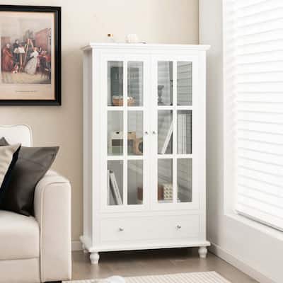 Bookcase Cabinet Storage Bookshelf Tempered Glass Doors Shelf Drawer