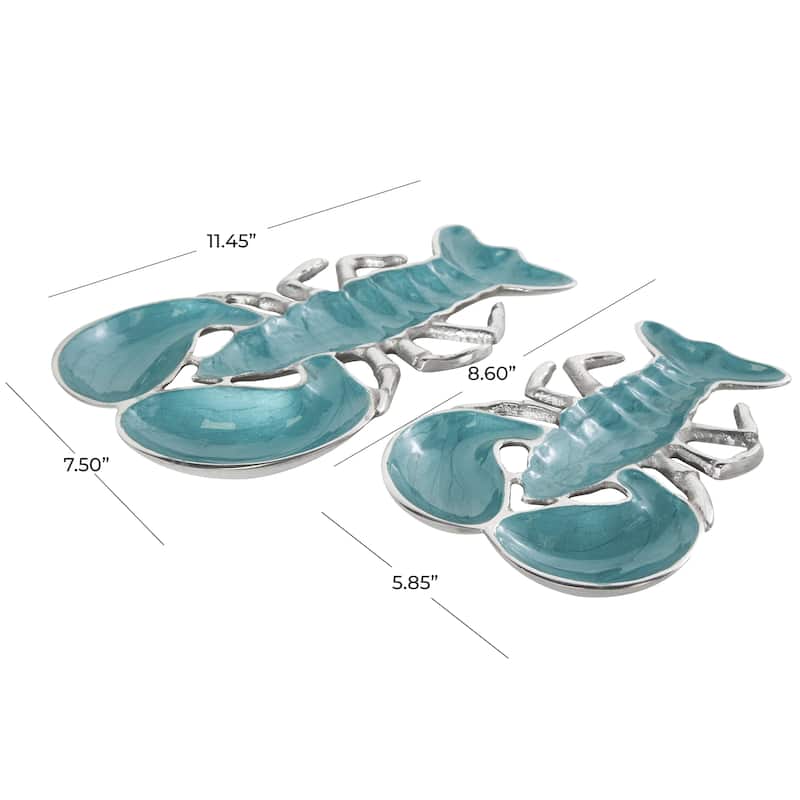 Aluminum Metal Lobster Enameled Serving Bowl with Silver Metal Exterior - Set of 2 Silver, Teal, Blue - Roche River Decor