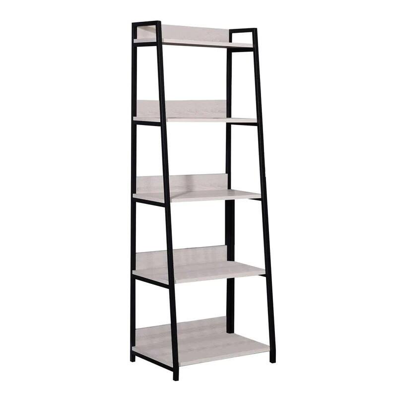 HomeRoots 67" Natural and Black Metal Five Tier Ladder Bookcase