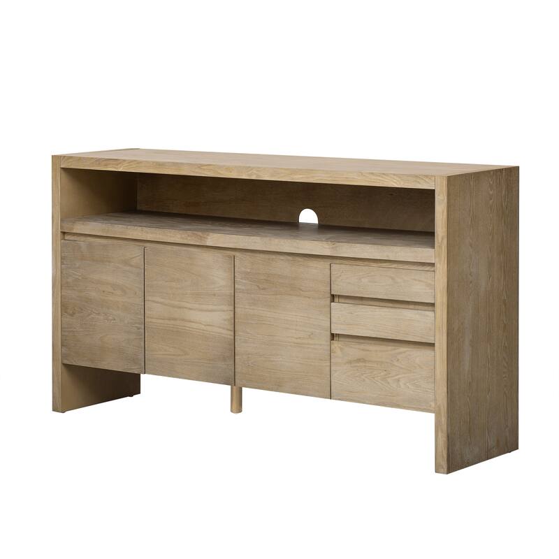60" 3-Door Sideboard with 3 Drawers-Ash Veneer MDF Sideboard,Semi-Open Shelf，Center Semi-Circular Cutout,Storage Cabinet