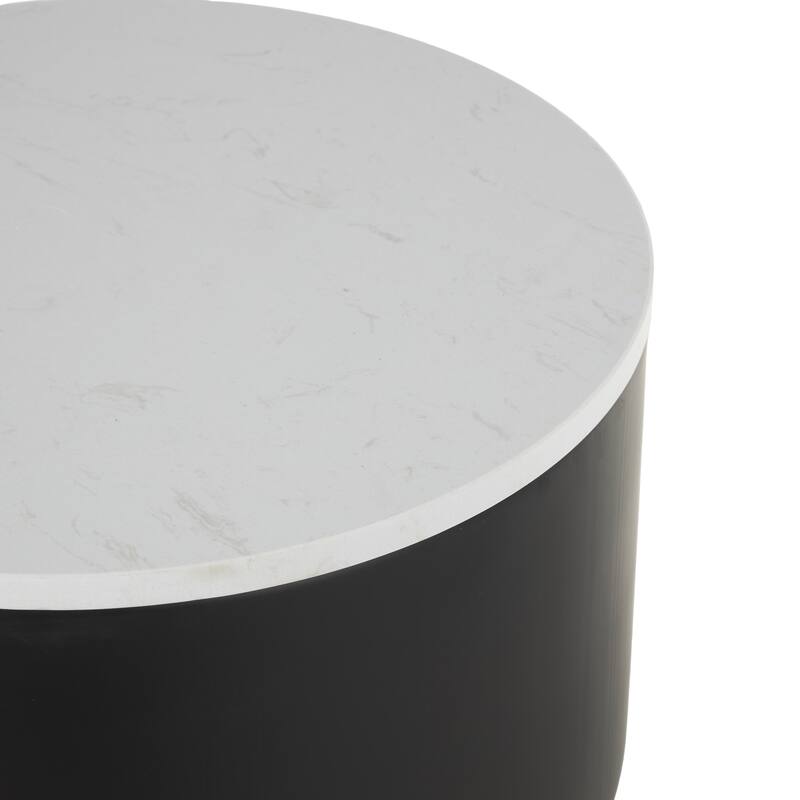 Black Metal Ribbed Side End Accent Table with White Marble Tabletop