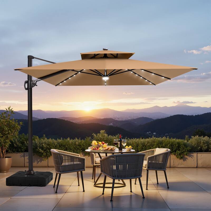 9 x11 FT LED Lighted Cantilever Patio Umbrella Double Top Rectangle with Base - Tan