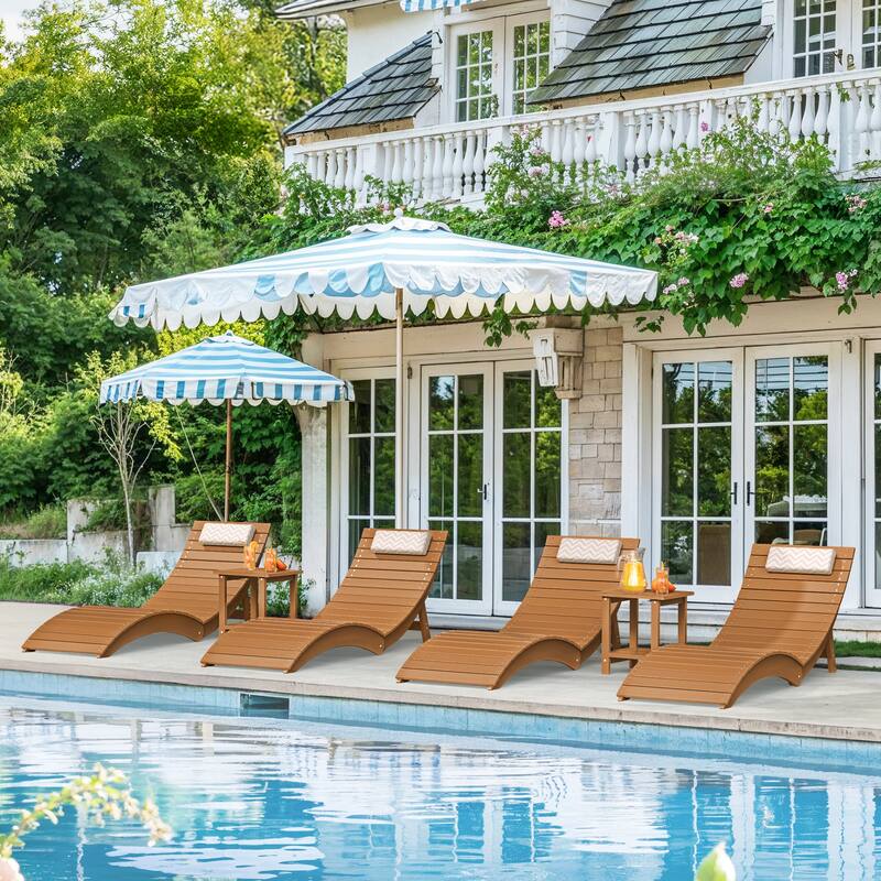 4-Piece Folding HDPS Plastic Outdoor Pool Chaise Lounges with Headrest Cushion - Teak