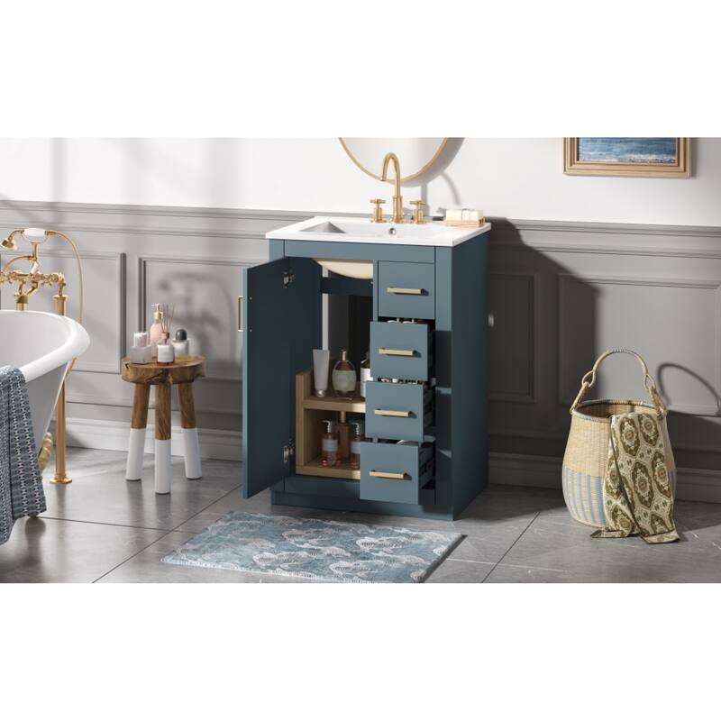 Roomfitters 24 Inch Bathroom Vanity with Integrated Ceramic Sink, Storage Cabinet with 3 Sliding Tiers & Soft Close Door