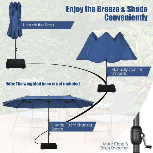 15 Feet Patio Double-Sided Umbrella with Hand-Crank System - 15.4' x 9.2' x 8.0' (LxWxH)