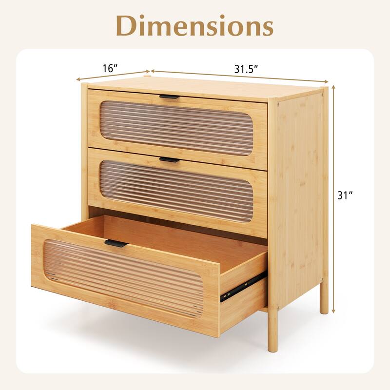 Contemporary Wicker and Glass Storage Cabinet 3 Drawers for Bedroom Entryway or Living Room - 31.5" x 16" x 31"