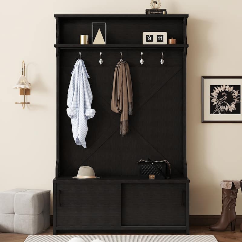 74.8'' Modern Entryway Hall Tree - Shoe Cabinet with Sliding Doors and Coat Rack