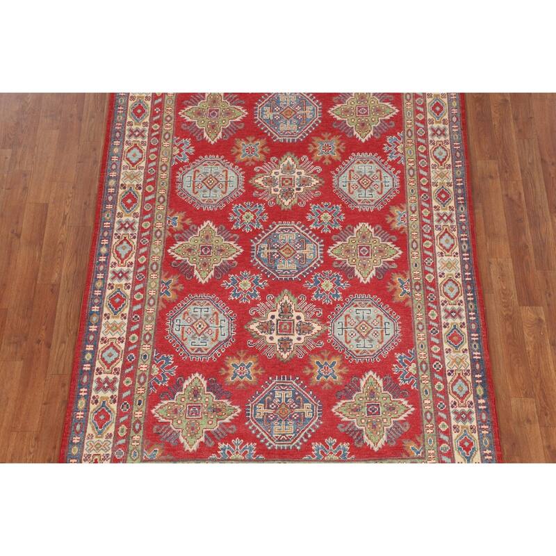 Red Geometric Kazak Area Rug Bedroom Hand-Knotted Wool Carpet - 4'8" x 7'2"