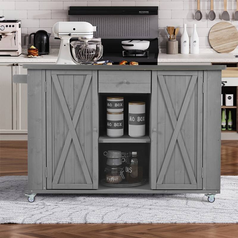 52.25" Outdoor Kitchen Island with Stainless Steel Top, Ample Storage Space, Towel and Spice Racks and a Bottle Opener - Grey