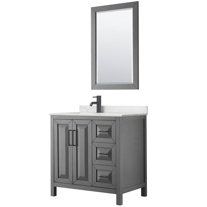 Daria 36-inch Single Vanity, Single Hole Quartz Top, 24-inch Mirror - Dark Gray, Black Trim, Giotto Quartz Top