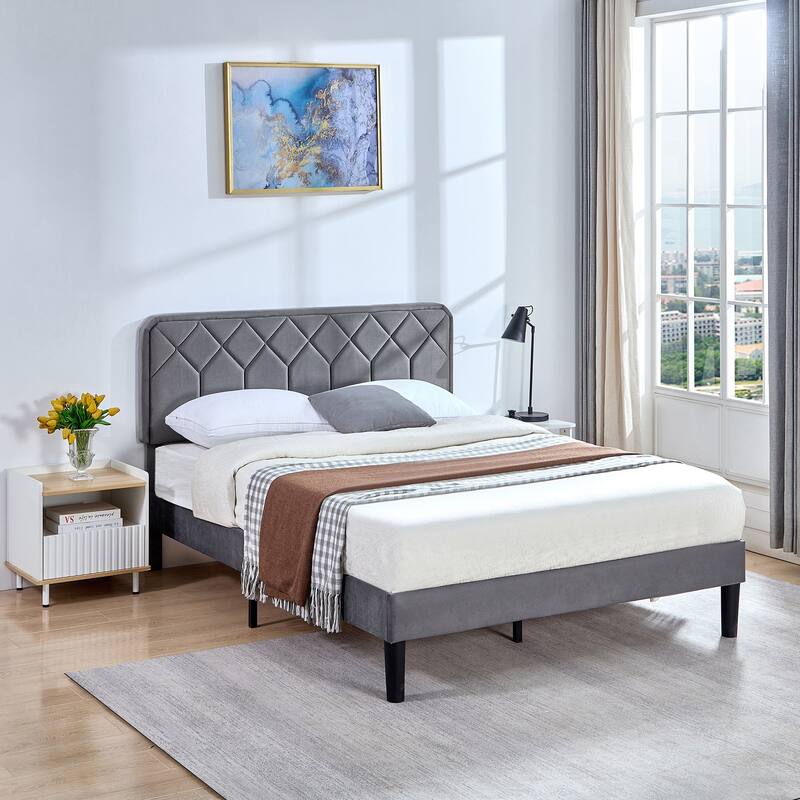Upholstered Platform Bed Frame with Modern Adjustable Headboard, No Box Spring Needed