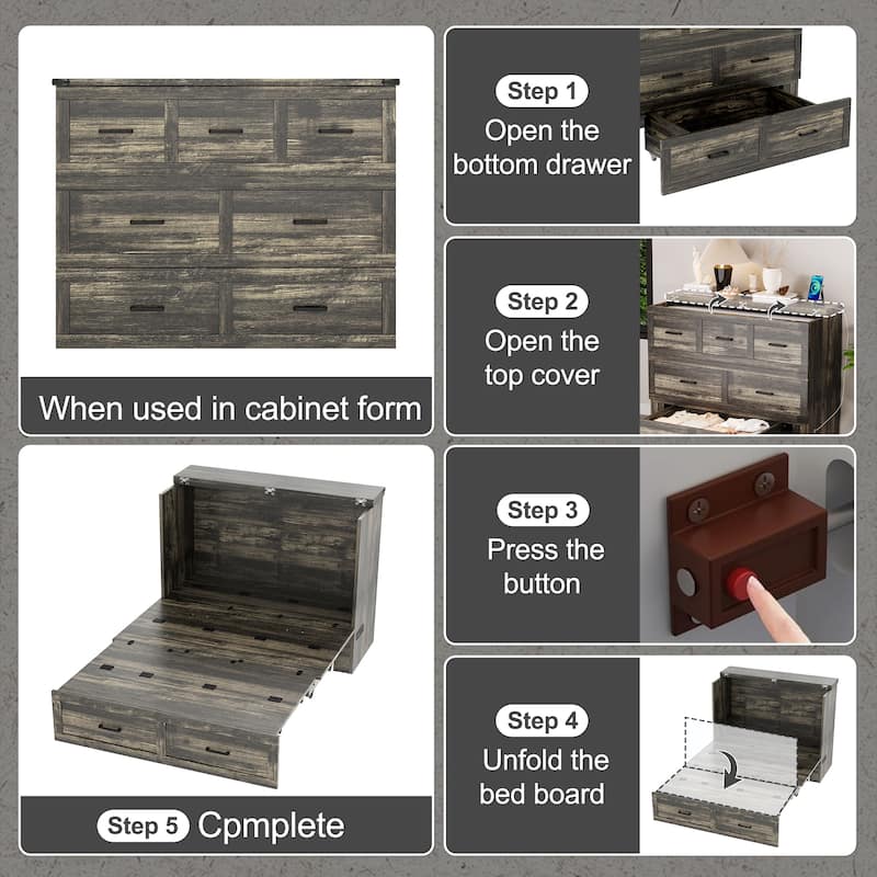 Foldable Murphy Bed Cabinet Full/Queen with USB & Type-C Ports and Storage Drawer for Guest Room