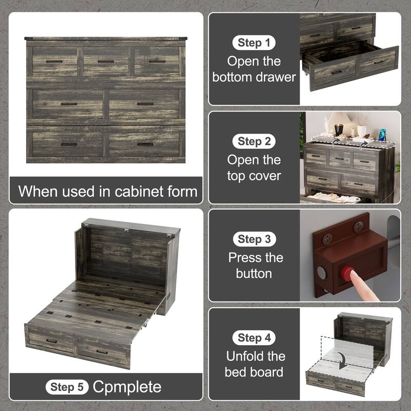 Queen/Full Size Murphy Cabinet Bed - Foldable Platform Bed with Charging Station & Large Storage Drawer