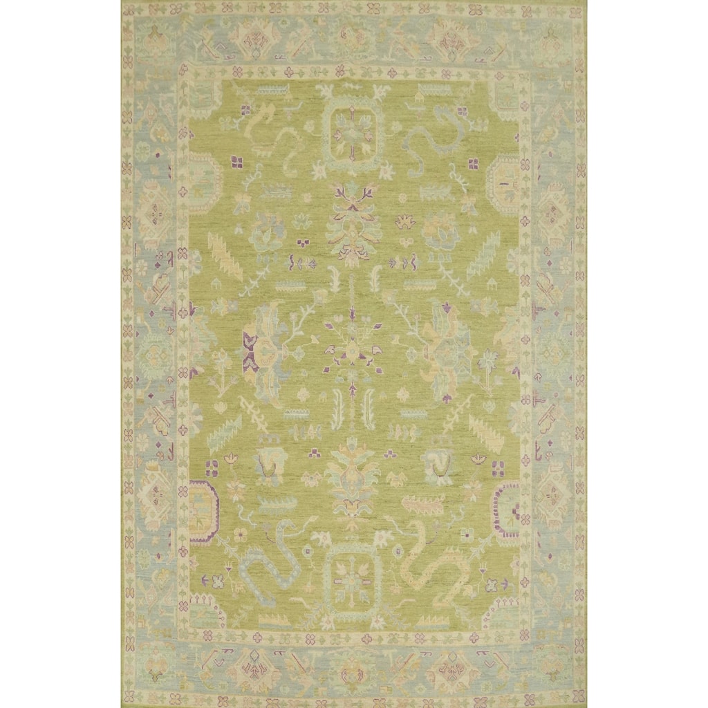 Handmade Green Oushak Vegetable Dye Area Rug Floral Geometric Carpet - 12' 0'' X 9' 0''