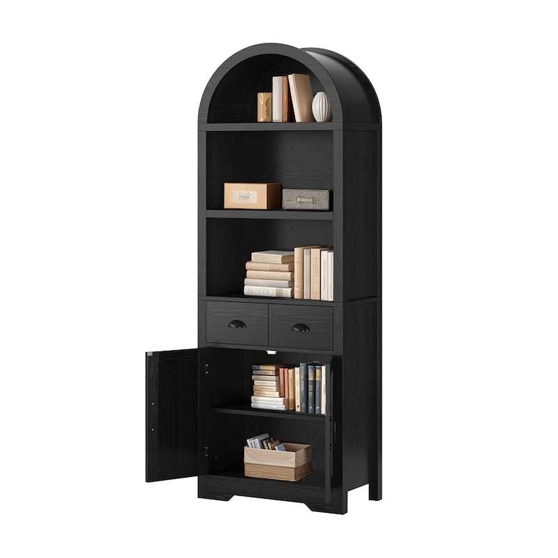 Moasis 71"/68" Tall Arched Bookshelf with Storage, Arched Bookcase with 2 Drawers and Doors - Black-68"