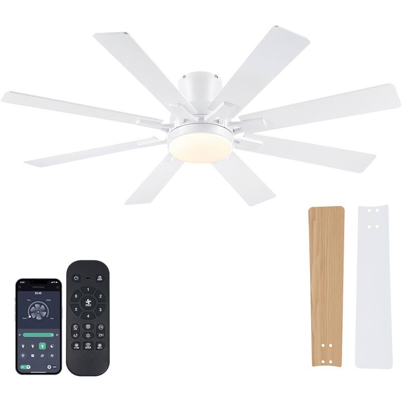 52 Inches Modern Ceiling Fan with Light and Remote 8 Plywood Blades for Bedroom Living Room - 52 Inches - White