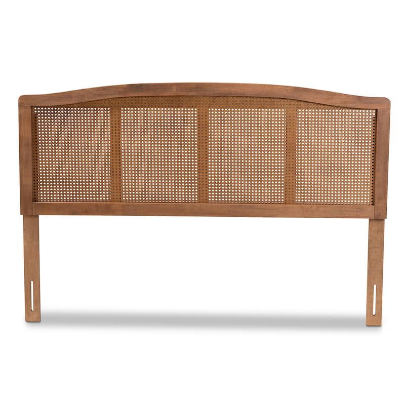 Mid-Century Modern Ash Walnut Wood and Synthetic Rattan Queen Size Headboard with Boho Coastal Detailing