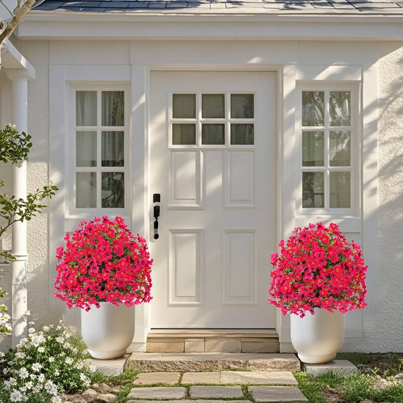 2FT Artificial Trees With Ground Spike 2 Pack, Weather-Resistant Faux Shrubs Bushes Potted Plants With Flowers Outdoor