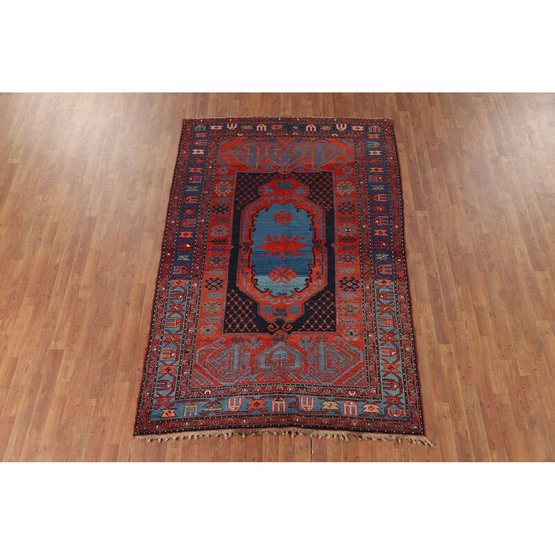 Orange & Blue Kazak Vegetable Dye Vintage Rug Hand-Knotted Wool Carpet - 5'4" x 8'1"
