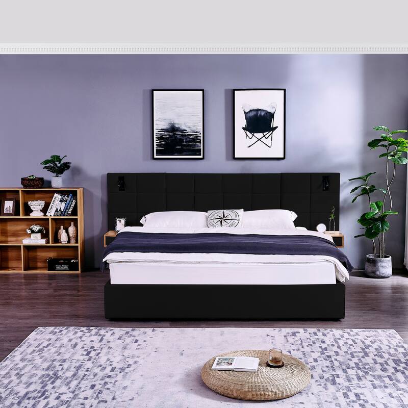 Hydraulic Lift Up Storage Bed Frame, King Size Upholstered Wingback Platform Bed, 2 Side Shelves, 2 Reading Lamps and USB Ports