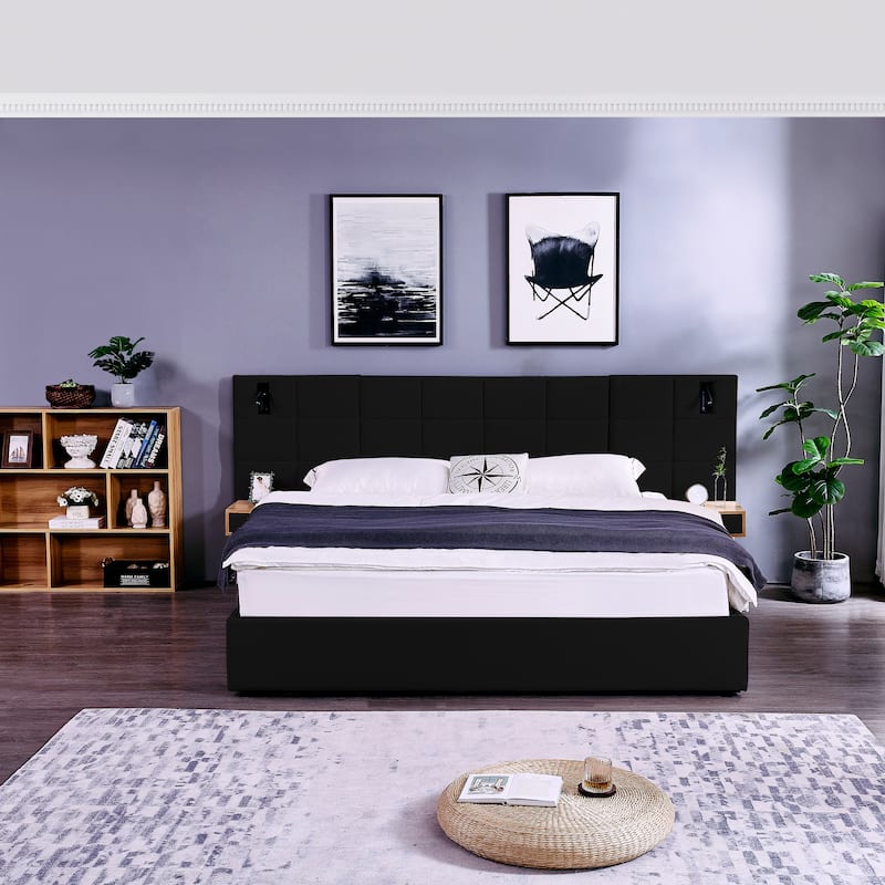 Roomfitters King Size Storage Velvet Hydraulic Platform Bed with Shelves, Reading Lamps and USB Port