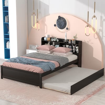 Black Full Size Platform Bed with Bookcase Headboard, Trundle, and Storage, Space-Saving Design, No Box Spring Needed