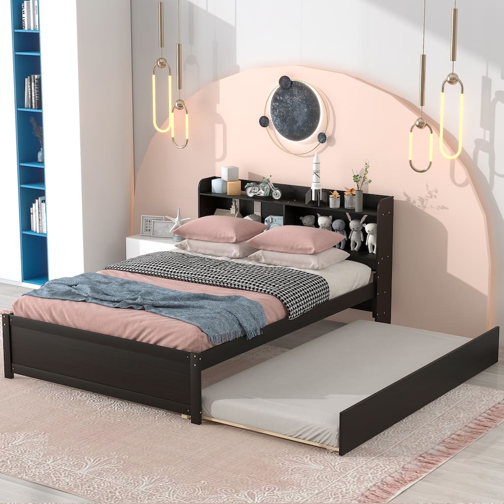 Minimalistic Pine Full Bed with Trundle, Bookcase Headboard