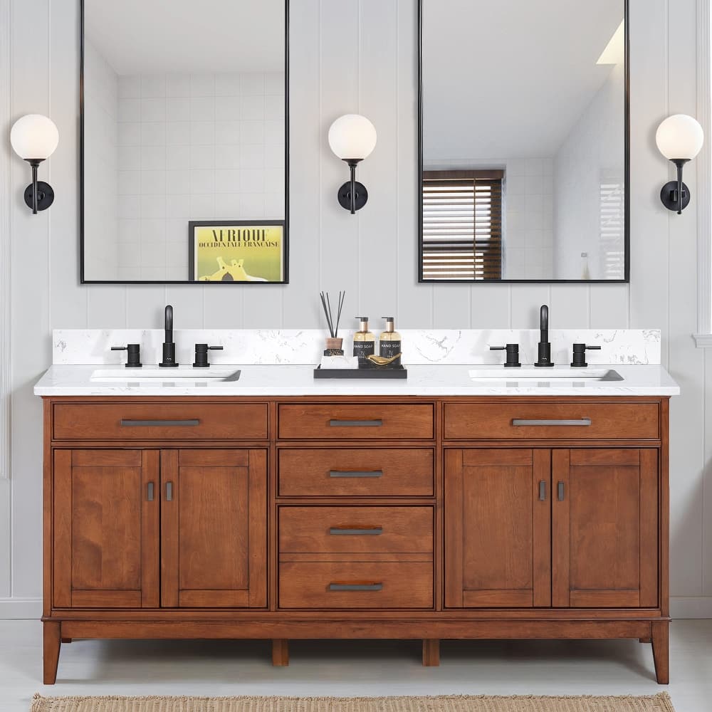 Madison 72 in. Double Sink Bathroom Vanity with Engineered Stone Top - 73" x 22"D x 35"H